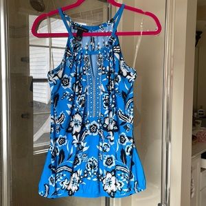 Flattering shape & beautiful color floral toile with inset crystals at neckline